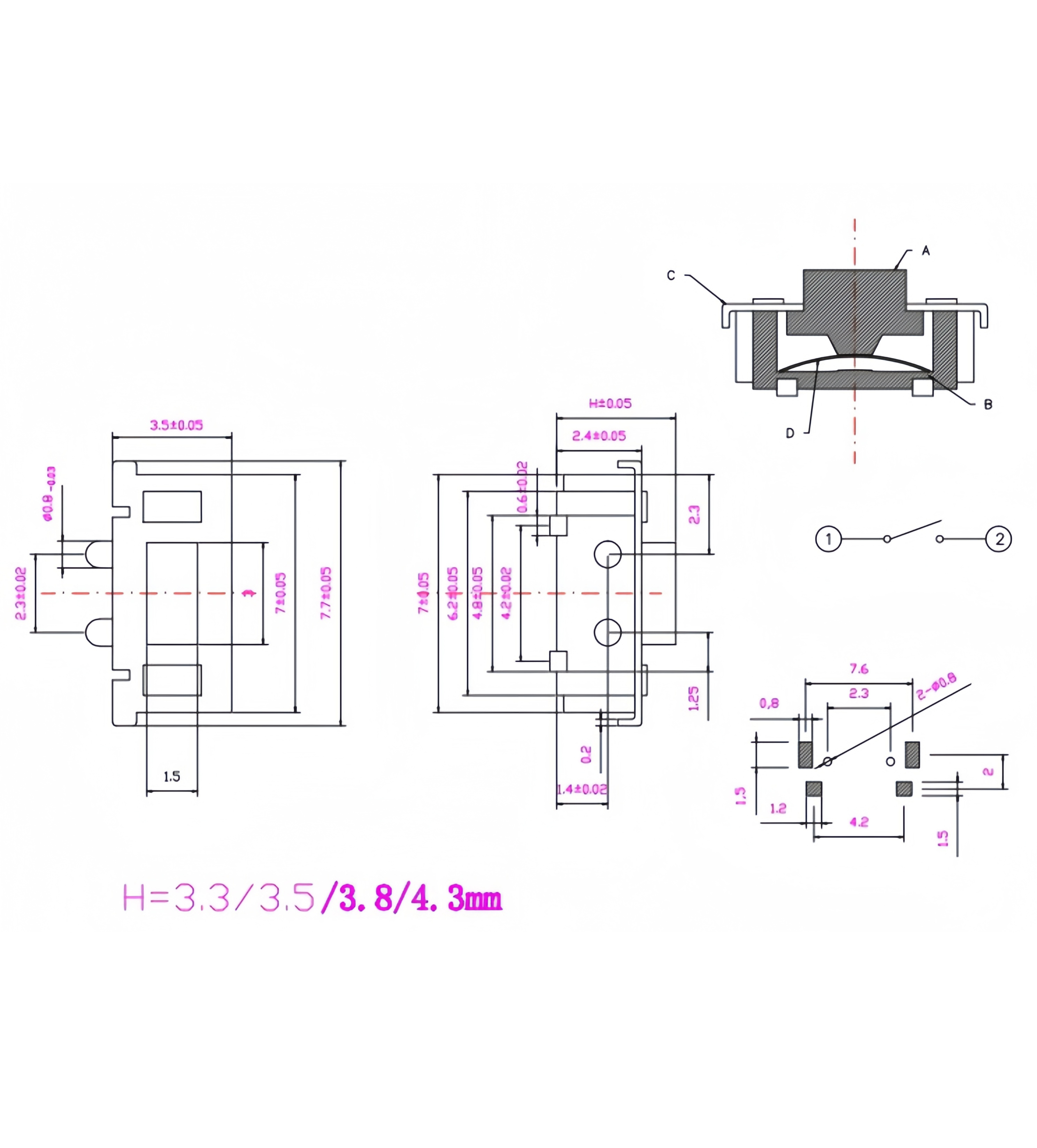厂销3*6*3.5侧装轻触开关3x6x3.8侧贴小开关贴片侧按键按钮
